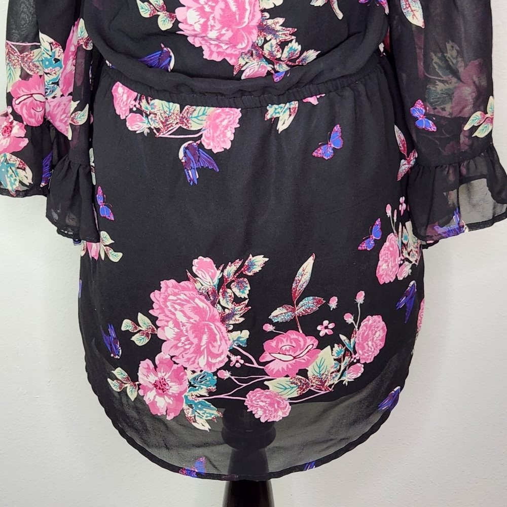 Hint Of Blush Black & Pink Floral Off The Shoulder Mini Dress Size Medium - Picture 9 of 12